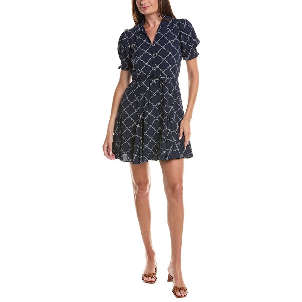 CeCe womens Smocked Cuff Puff Sleeve Mini Dress Navy Size 8 3655